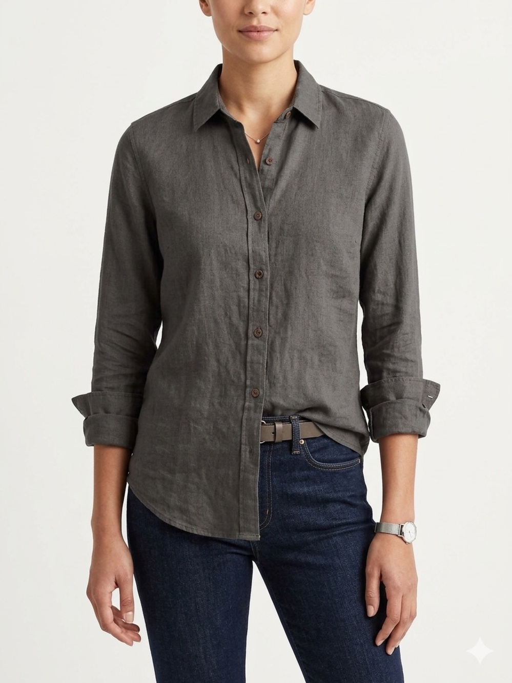Uniqlo Women Long Sleeve Button Down Shirt 100% Linen Gray Size Medium Premium